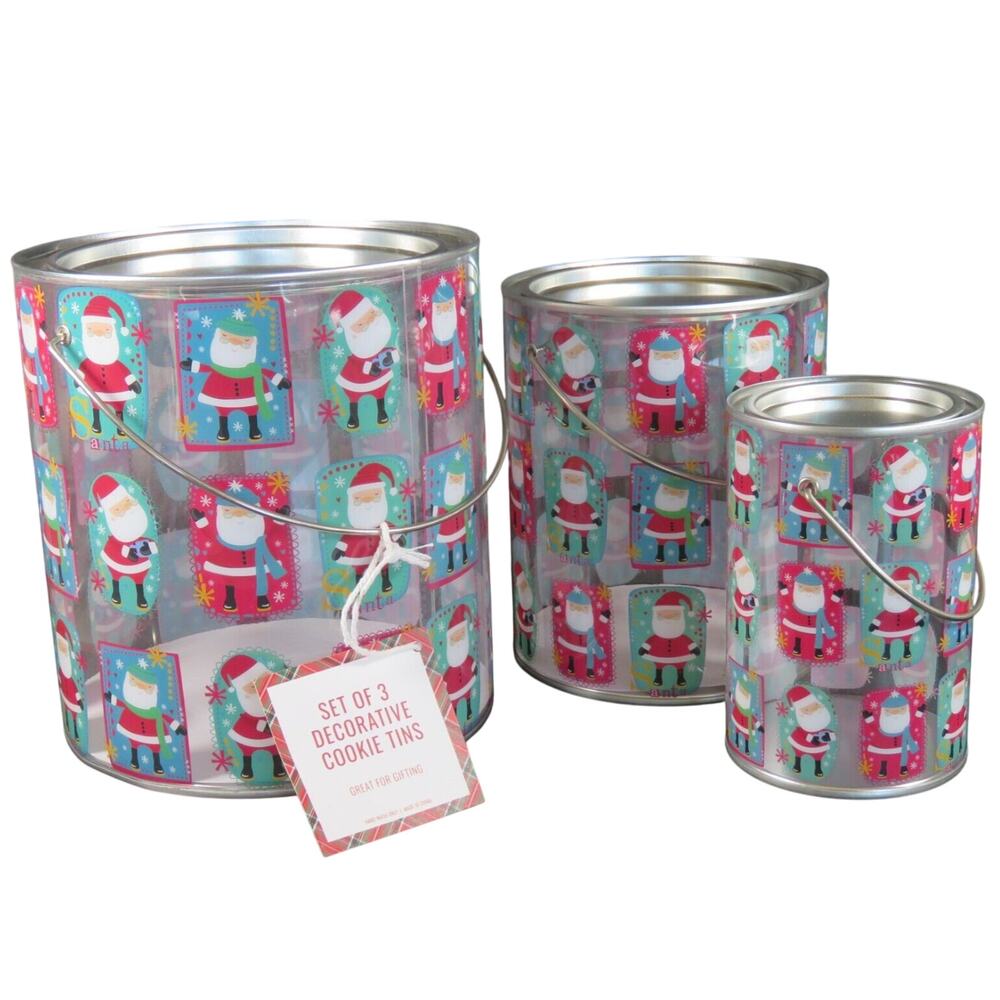 Christmas Nesting Tins Cans Set of 3 Cookies Candy Snack Santa Clear Decorative